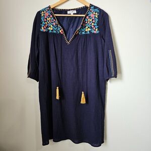 EUC THML BLUE COTTON EMBROIDERED BOHO SHORT DRESS SIZE SMALL